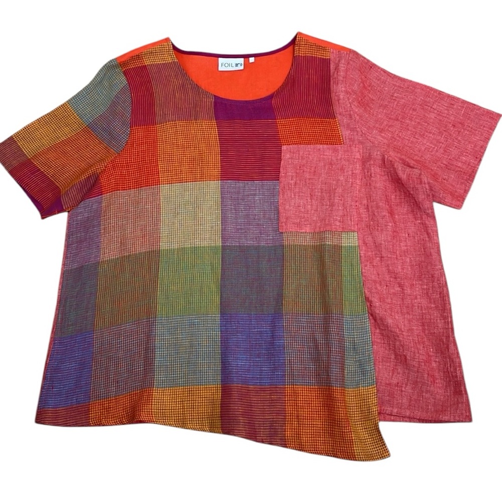 Foil Patchwork Lagenlook Linen Short Sleeve Top Sz 12